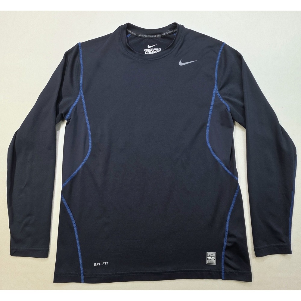 Nike Pro Combat Shirt Mens Large Fitted Blue Black DriFIT Long Sleeve Base Layer
